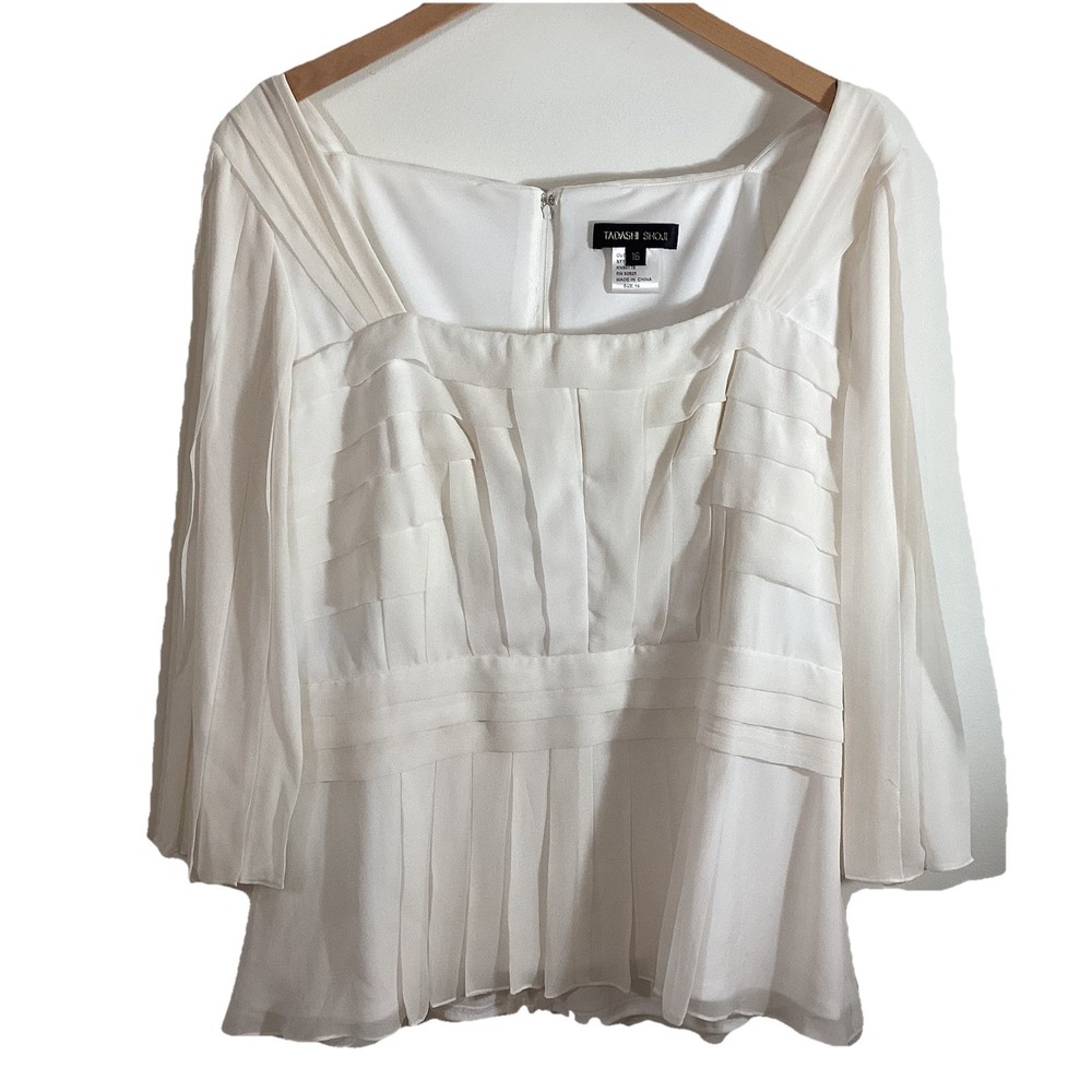 NEW W/ TAGS Tadashi Shoji Ivory Silk Blouse Romantic SZ 16 Pleated Luxury